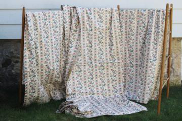 catalog photo of set of vintage heavy cotton chintz curtain panels, crewel flame stitch print floral stripe