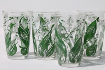 catalog photo of set of vintage juice size drinking glasses w/ lily of the valley flowers