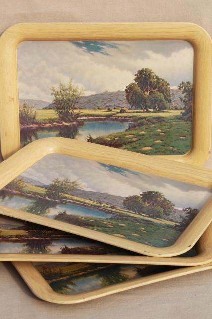 photo of set of vintage metal trays w/ Frederick Ogden landscape scene art prints #1