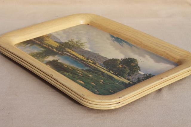 photo of set of vintage metal trays w/ Frederick Ogden landscape scene art prints #2