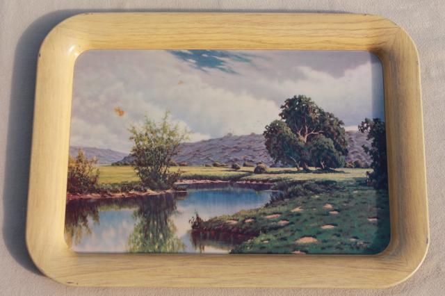 photo of set of vintage metal trays w/ Frederick Ogden landscape scene art prints #4