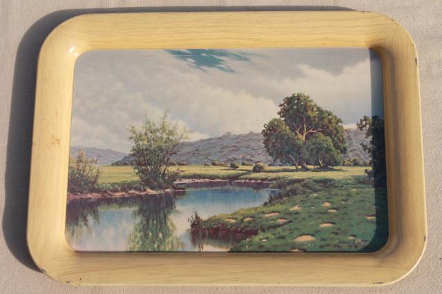 photo of set of vintage metal trays w/ Frederick Ogden landscape scene art prints #5