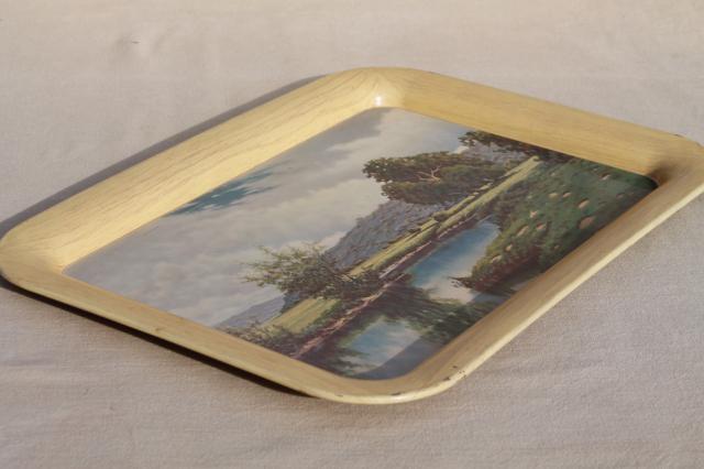 photo of set of vintage metal trays w/ Frederick Ogden landscape scene art prints #7