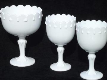 catalog photo of set of vintage milk glass centerpiece flower stands, garland pattern bowls