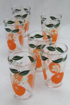 catalog photo of set of vintage orange print juice glasses, retro swanky swigs w/ oranges