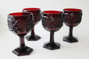 catalog photo of set of vintage ruby red glass water goblets or wine glasses, Avon Cape Cod pattern