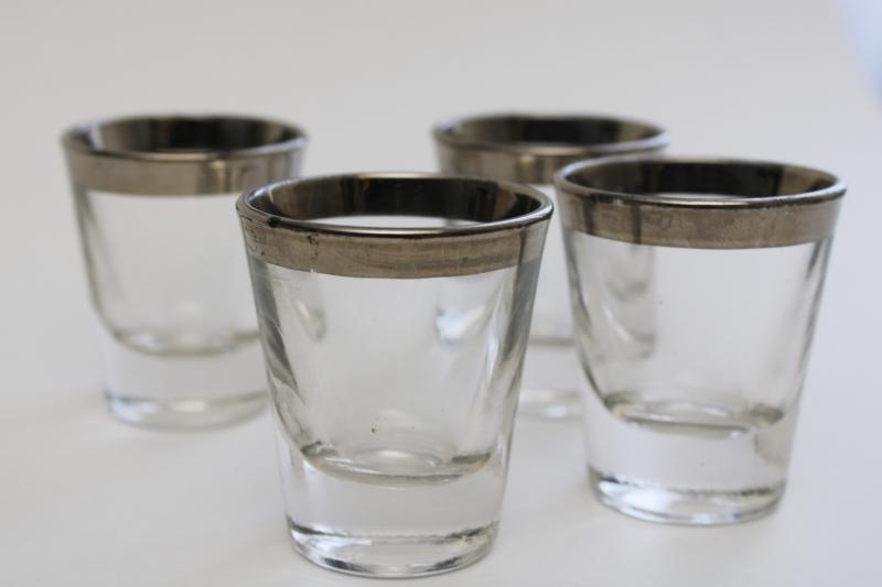 photo of set of vintage shot glasses, silver band clear glass mid-century mod style #2