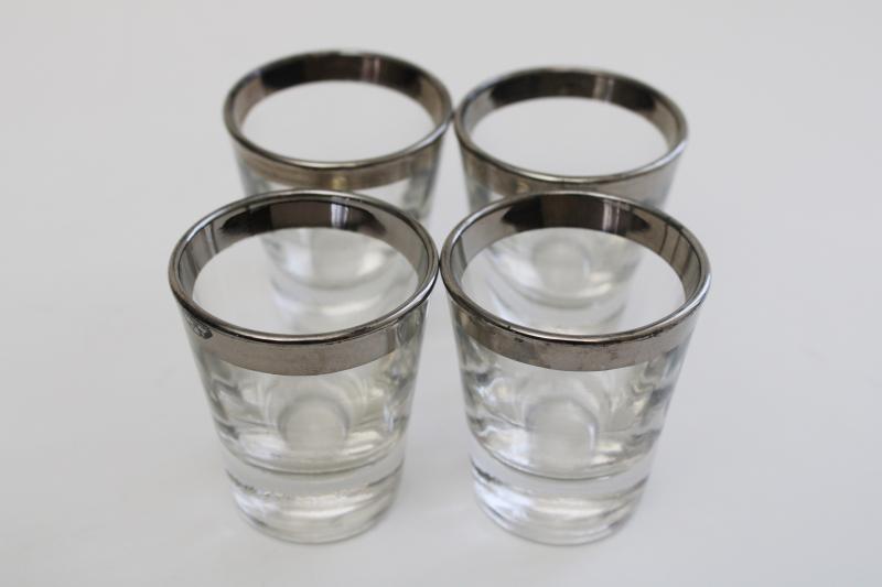 photo of set of vintage shot glasses, silver band clear glass mid-century mod style #5