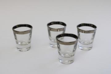 catalog photo of set of vintage shot glasses, silver band clear glass mid-century mod style