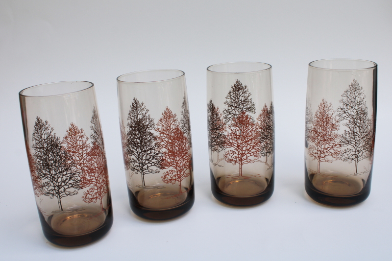 photo of set of vintage smoke brown drinking glasses autumn trees print fall tableware #1