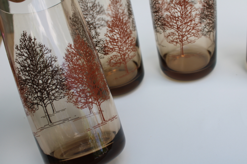 photo of set of vintage smoke brown drinking glasses autumn trees print fall tableware #2
