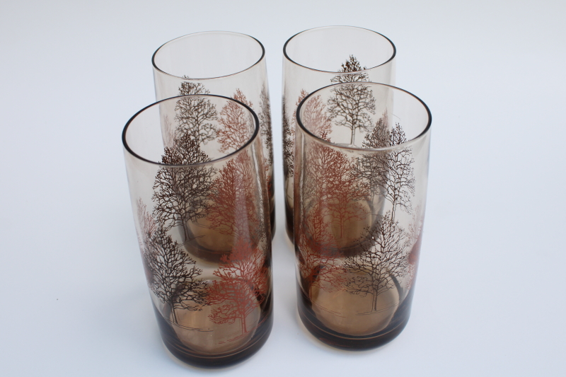 photo of set of vintage smoke brown drinking glasses autumn trees print fall tableware #3