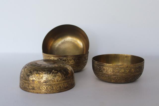 photo of set of vintage solid brass bowls, tooled designs etched or engraved #1