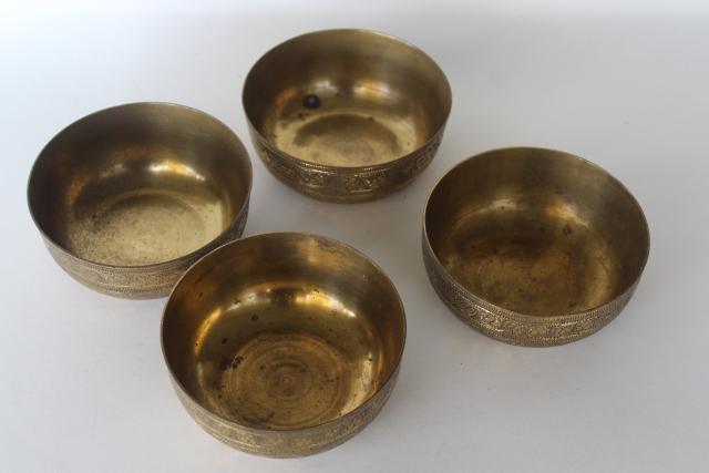 photo of set of vintage solid brass bowls, tooled designs etched or engraved #2