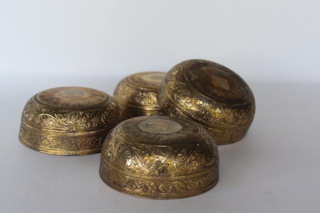 photo of set of vintage solid brass bowls, tooled designs etched or engraved #3