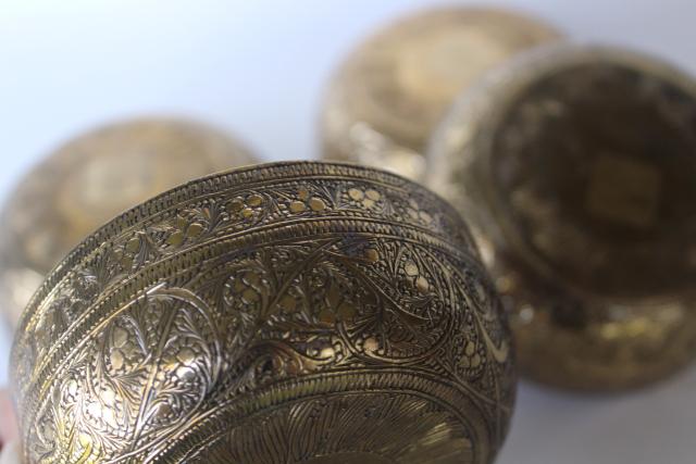 photo of set of vintage solid brass bowls, tooled designs etched or engraved #4