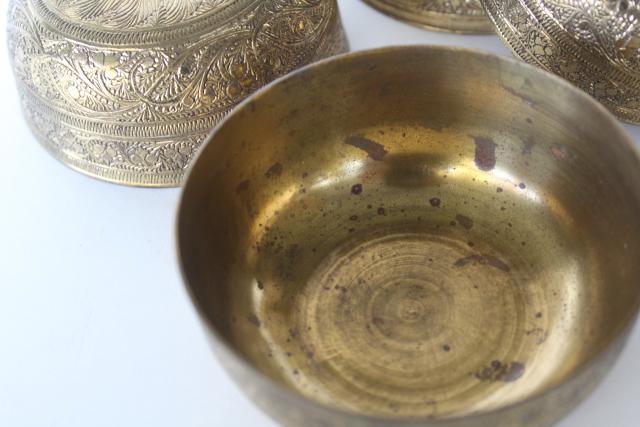 photo of set of vintage solid brass bowls, tooled designs etched or engraved #6