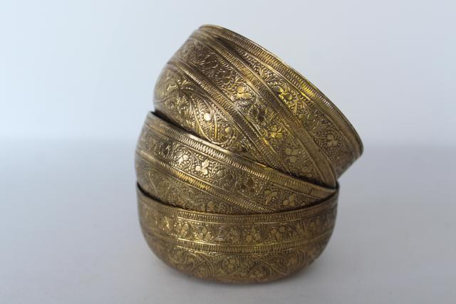 photo of set of vintage solid brass bowls, tooled designs etched or engraved #7