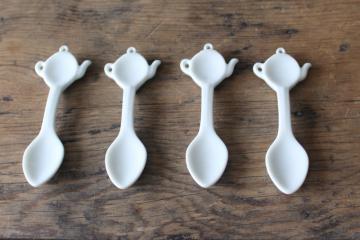 catalog photo of set of vintage teaspoons, Alice in Wonderland style tiny china spoons w/ teapot handles