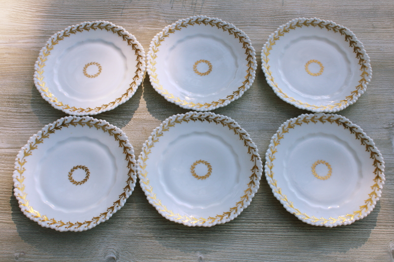 photo of set of vintage white china plates w/ heavy gold laurel leaf wreath border #1