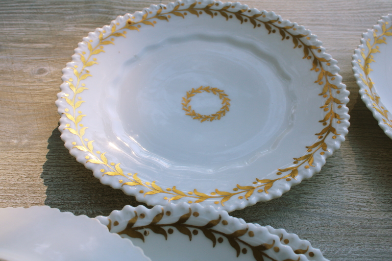 photo of set of vintage white china plates w/ heavy gold laurel leaf wreath border #3