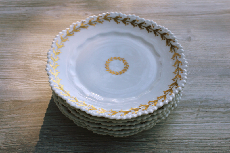 photo of set of vintage white china plates w/ heavy gold laurel leaf wreath border #5