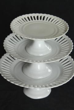 catalog photo of set pure white china cake stands, modern ironstone dessert pedestal plates graduated sizes