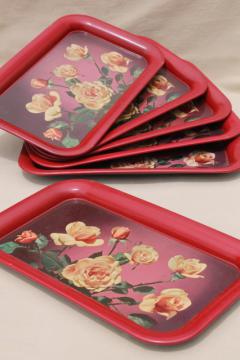 catalog photo of set vintage metal trays w/ rose bouquets, retro 40s 50s tinted photo print