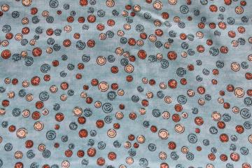 catalog photo of sewing buttons tiny print quilting cotton fabric, brown, tan, aqua, blue