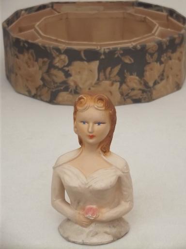 photo of shabby 1940s bed doll sewing box, vintage sewing box w/ chalkware doll top #1