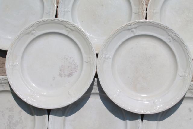 photo of shabby antique 1800s vintage ironstone china set of 10 dinner plates, grape & cable pattern #3