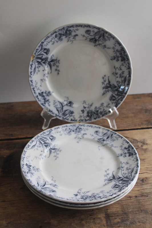 photo of shabby antique English ironstone china plates, inky dark blue transferware floral  #1