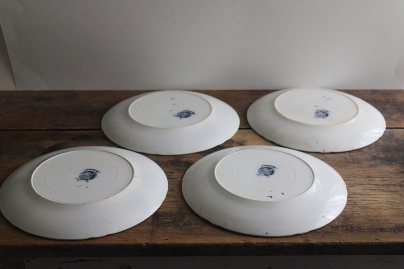 photo of shabby antique English ironstone china plates, inky dark blue transferware floral  #2