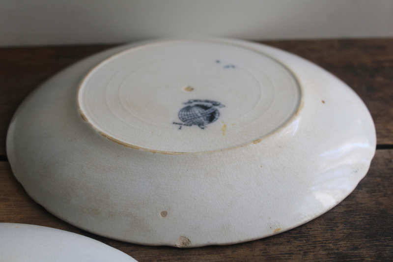 photo of shabby antique English ironstone china plates, inky dark blue transferware floral  #3