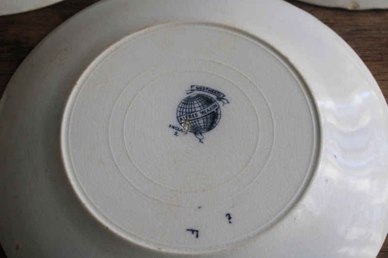 photo of shabby antique English ironstone china plates, inky dark blue transferware floral  #4