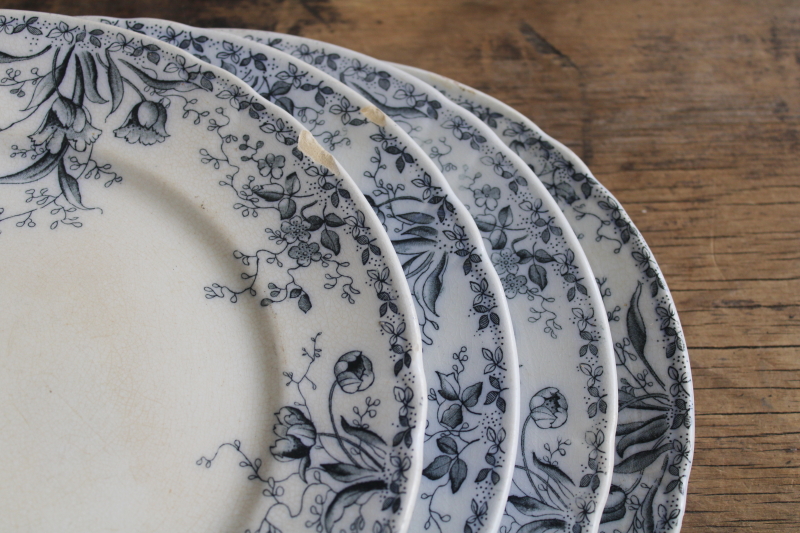 photo of shabby antique English ironstone china plates, inky dark blue transferware floral  #5