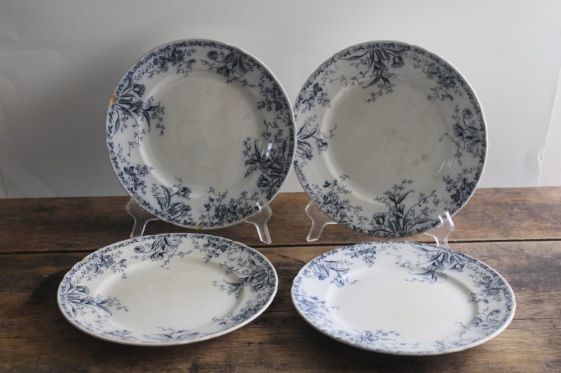 photo of shabby antique English ironstone china plates, inky dark blue transferware floral  #6