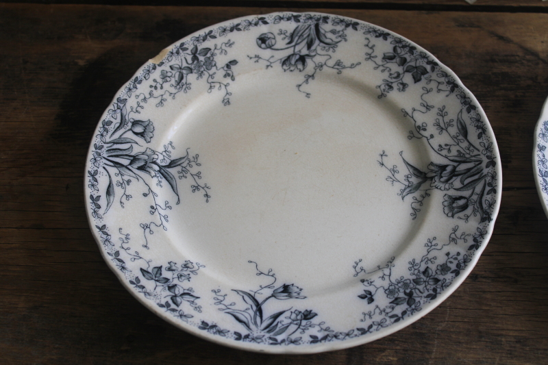 photo of shabby antique English ironstone china plates, inky dark blue transferware floral  #7