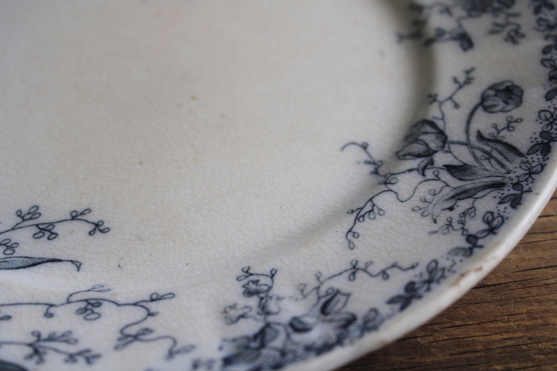 photo of shabby antique English ironstone china plates, inky dark blue transferware floral  #8