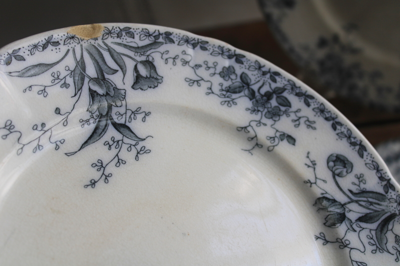 photo of shabby antique English ironstone china plates, inky dark blue transferware floral  #9