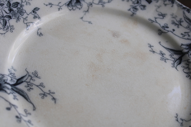 photo of shabby antique English ironstone china plates, inky dark blue transferware floral  #10