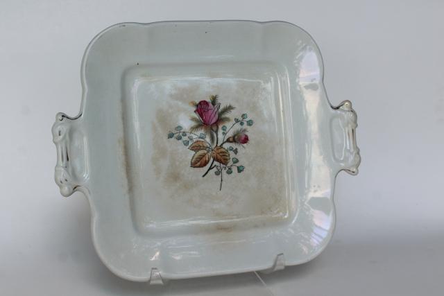 photo of shabby antique English ironstone moss rose Fenton pattern square cake plate or tray #1