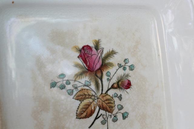 photo of shabby antique English ironstone moss rose Fenton pattern square cake plate or tray #2