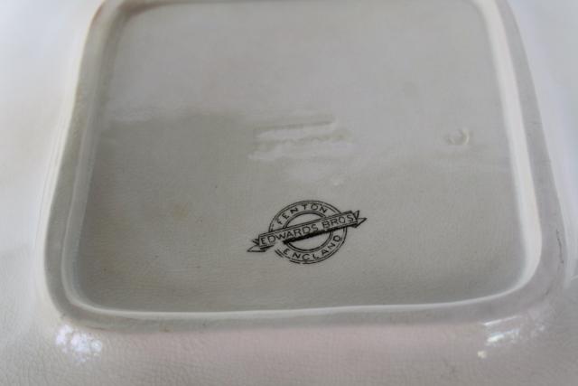 photo of shabby antique English ironstone moss rose Fenton pattern square cake plate or tray #6