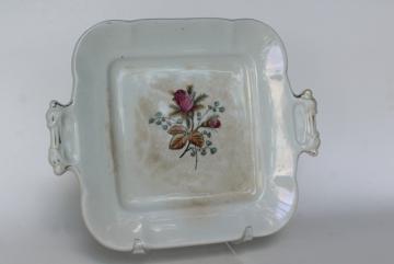 shabby antique English ironstone moss rose Fenton pattern square cake plate or tray