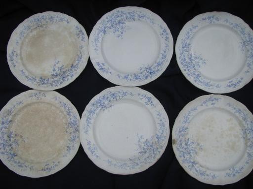 photo of shabby antique Staffordshire holly pattern plates, British flag mark #1