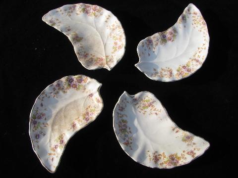 photo of shabby antique Warwick china transferware, four crescent side plates #1