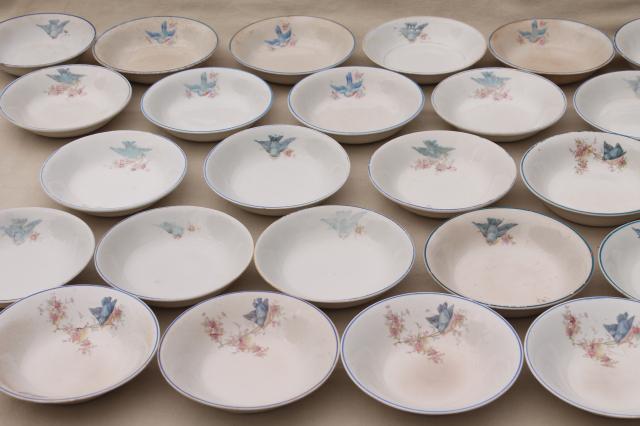photo of shabby antique bluebird china berry bowls, mismatched vintage china w/ blue birds #1