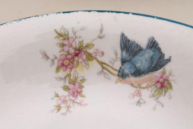 photo of shabby antique bluebird china berry bowls, mismatched vintage china w/ blue birds #2