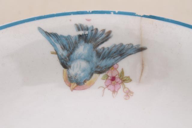 photo of shabby antique bluebird china berry bowls, mismatched vintage china w/ blue birds #5